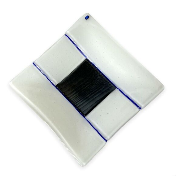Fused Glass Trinket Plate Handmade Blue Gray White Square 6.5” Murano Style - Picture 1 of 7